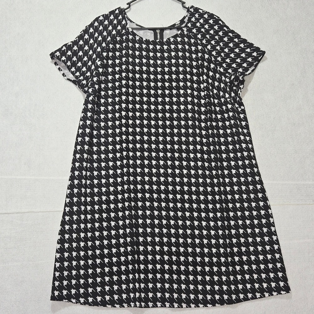 R#39 Ellos Black White Houndstooth Print Short Sleeve Zip Back Dress Size 18